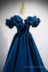 Blue Satin Long Off Shoulder A-Line Evening Prom Dresses, Blue Sweetheart Evening Dresses